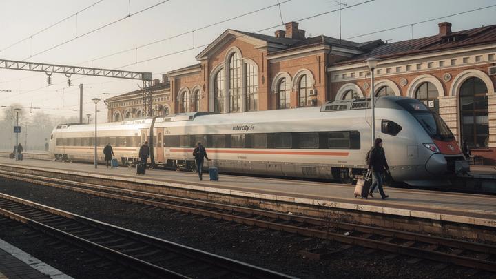 Intercity+ train standing at a platform in Kyiv before a morning departure